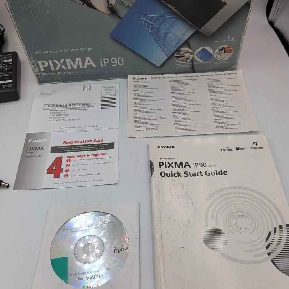 Canon Picma IP90V Photo Inkjet Printer Cord & Manual, CD - Turns On -Untested -